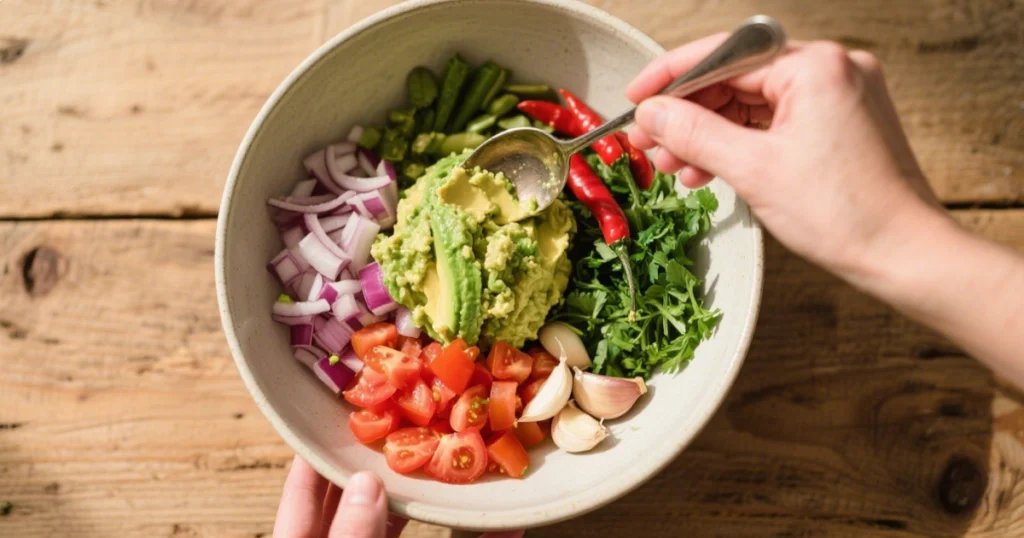 Légumes ajoutés à la purée d’avocat dans un bol, guacamole en cours de mélange