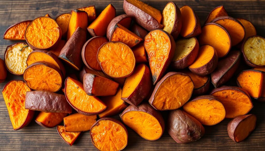 A bountiful arrangement of roasted sweet potatoes, showcasing a diverse palette of vibrant hues. Crisp exteriors give way to tender, caramelized interiors, artfully arranged on a rustic wooden surface. Soft, diffused lighting casts a warm, inviting glow, highlighting the natural sweetness and earthy tones of the vegetables. Subtle shadows add depth and dimensionality, while the slightly uneven arrangement lends an authentic, homemade feel. The scene exudes a sense of comfort and nourishment, inviting the viewer to savor the simple pleasures of this versatile and flavorful side dish.