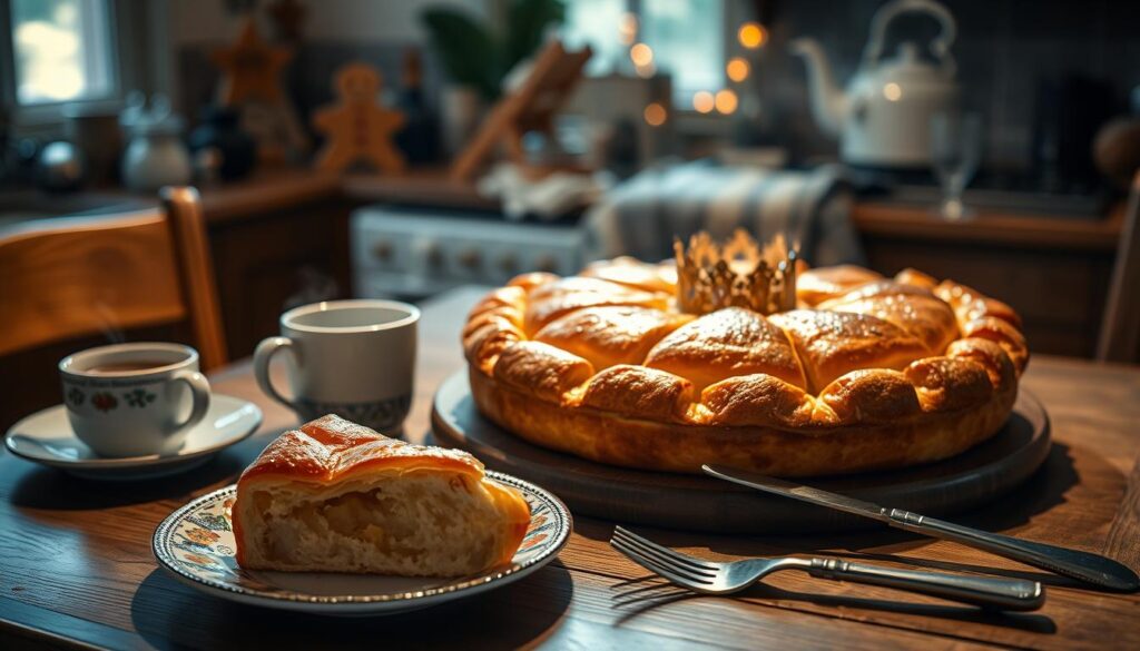 A cozy kitchen scene, warm lighting illuminates a wooden table with a freshly baked golden-brown galette des rois, its flaky crust glistening. A steaming cup of coffee or tea stands nearby, along with a vintage-inspired plate, fork, and knife, ready for a leisurely degustation. The galette is adorned with a shiny golden crown, hinting at the hidden charm within, inviting the viewer to savor this classic French treat. The overall atmosphere exudes a sense of tradition, comfort, and the joy of sharing a beloved seasonal delicacy.