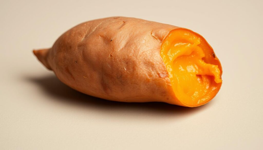A crisp close-up of a freshly baked sweet potato, its golden-orange flesh glistening with a hint of caramelization. The tuber rests on a neutral background, showcasing its natural beauty and nutrient-rich interior. Soft, diffused lighting casts gentle shadows, accentuating the smooth texture and unique shape. The image radiates a sense of wholesome goodness, inviting the viewer to appreciate the versatility and health benefits of this humble yet extraordinary vegetable.