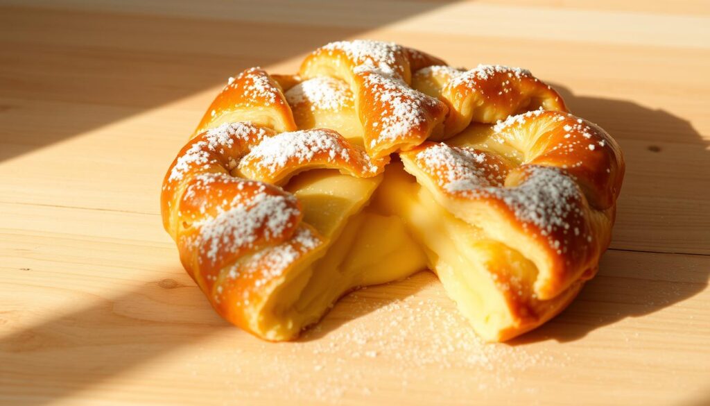 A delectable galette des rois à la frangipane, a classic French pastry, resting on a light wooden surface. The golden, flaky crust encases a rich, creamy frangipane filling, dusted with a light coating of powdered sugar. The galette is illuminated by warm, natural lighting, casting soft shadows that accentuate its rustic charm. The scene is captured from a slightly elevated angle, highlighting the intricate details and inviting the viewer to savor the delightful treat. The overall atmosphere is one of simple elegance, capturing the essence of this beloved French delicacy.