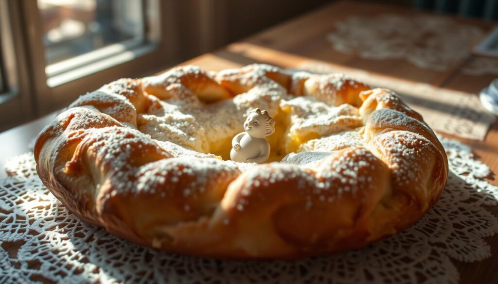 A delicate fève nestled within a freshly baked galette des rois, the traditional French Epiphany cake. The flaky pastry is dusted with powdered sugar, casting a soft, ethereal glow in the gentle lighting. The fève, a small ceramic or porcelain figurine, sits prominently at the center, a symbol of luck and tradition. Sunlight filters through a nearby window, casting warm, diffused shadows across the scene. The galette is framed by a simple yet elegant setting, with a vintage lace doily and hints of a rustic wooden table in the background, conveying a sense of timeless French charm. The overall mood is one of celebration, tradition, and the comforting rituals of the holiday season.
