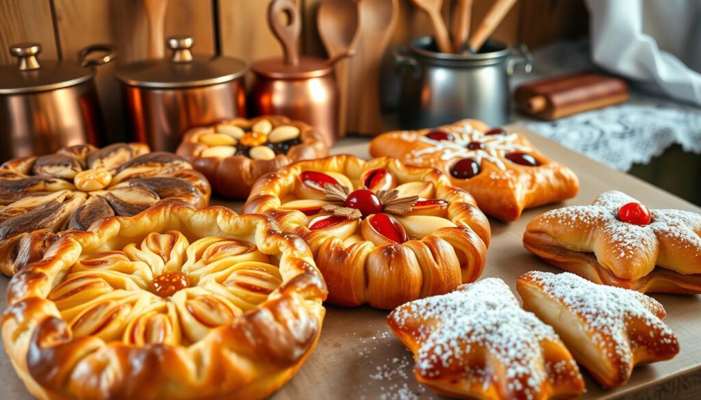 A delightful assortment of traditional and contemporary Galette des Rois pastries, displayed against a warm, rustic backdrop. In the foreground, a flaky golden crust encases a rich, creamy frangipane filling, adorned with intricate patterns and decorations. The middle ground showcases a variety of styles, from the classic round shape to innovative square and star-shaped variations, each with its own unique garnishes, such as caramelized almonds, candied fruits, and delicate sugar dusting. In the background, a cozy kitchen scene with copper pots, wooden utensils, and a glimpse of a lace-trimmed tablecloth sets the stage for this beloved French delicacy. Soft, diffused lighting casts a warm glow, highlighting the textures and colors of these enticing pastries.