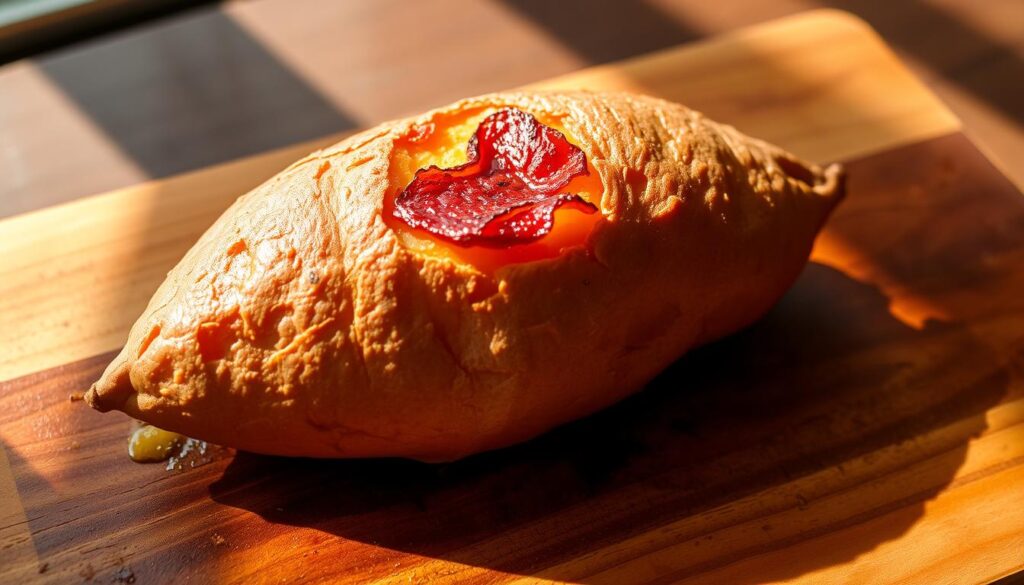 A golden-brown baked sweet potato, fresh from the oven, its crispy skin contrasting with the soft, fluffy interior. The potato rests on a rustic wooden cutting board, its natural texture and hues complementing the earthy setting. Warm natural lighting casts gentle shadows, highlighting the sweet potato's enticing visual appeal. The scene evokes the comforting aroma and satisfying texture of a perfectly roasted sweet potato, ready to be enjoyed as a delightful and nutritious side dish.