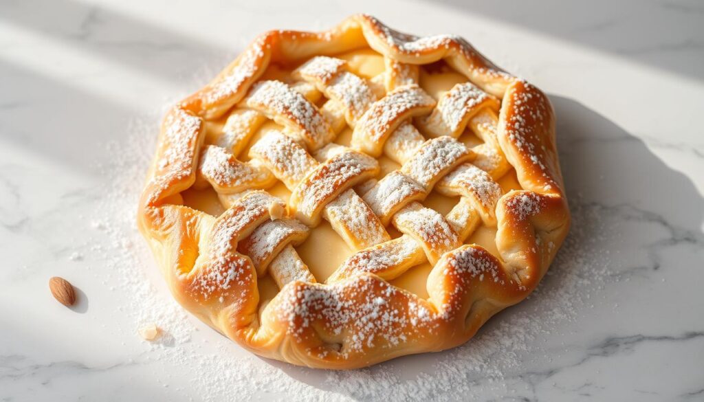A golden-brown, flaky puff pastry galette, filled with a rich, creamy frangipane custard, sits on a marble surface. The galette is dusted with powdered sugar, creating a delicate, snowy contrast. Soft natural lighting casts a warm glow, highlighting the intricate lattice crust pattern. The galette is presented in a clean, elegant composition, showcasing its classic French bakery aesthetic. A few scattered almond slices and a stray crumb or two add a touch of rustic charm, hinting at the delicious flavors within.
