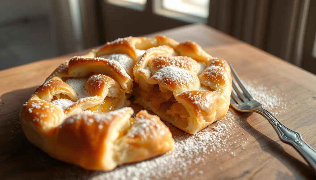 A tempting golden-brown puff pastry galette with a dusting of powdered sugar, resting on a rustic wooden table. A fork sits nearby, ready to slice into the flaky crust and reveal the rich frangipane filling within. Soft natural lighting filters through a window, casting a warm glow over the scene. The galette is the centerpiece, surrounded by a minimalist background that allows the pastry to shine. The composition is balanced, with clean lines and a sense of simple elegance, capturing the traditional French essence of this beloved dessert.