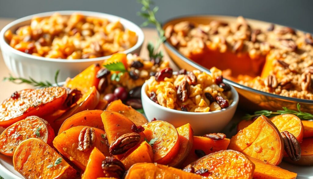 A vibrant still life showcasing an array of succulent sweet potato side dishes. In the foreground, freshly roasted sweet potato wedges seasoned with aromatic spices, drizzled with a tangy vinaigrette. In the middle ground, a colorful salad of shredded sweet potato, crunchy pecans, and dried cranberries, dressed in a honey-mustard dressing. Behind, a hearty sweet potato casserole, its surface golden-brown and topped with a crunchy pecan streusel. Soft, natural lighting illuminates the scene, casting warm shadows and highlights the rich, earthy tones of the sweet potatoes. The composition is balanced and visually appealing, inviting the viewer to savor these delightful sweet potato accompaniments.