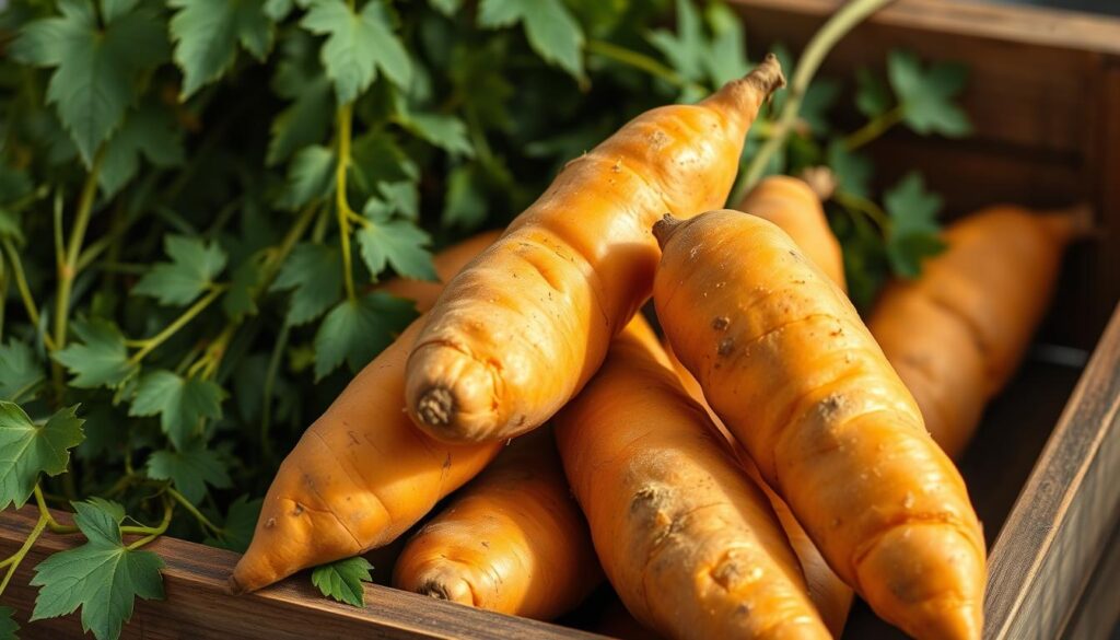 A well-lit close-up photograph of freshly harvested sweet potatoes (patate douce) arranged in a rustic wooden crate or basket, surrounded by lush green leaves and vines. The sweet potatoes have a vibrant orange hue and a smooth, unblemished skin, showcasing their high quality. The background is softly blurred, creating a sense of depth and focus on the produce. The lighting is warm and natural, casting gentle shadows that accentuate the texture and contours of the sweet potatoes. The overall mood is one of health, freshness, and the bounty of the earth.