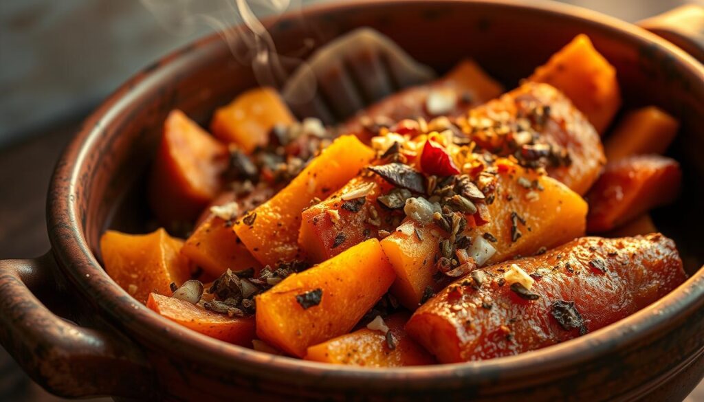 Crisp baked sweet potatoes in a rustic earthenware dish, garnished with a colorful medley of international spices and seasonings. Warm golden light filters through the scene, casting gentle shadows and highlighting the diverse textures - the tender, caramelized flesh of the roasted sweet potatoes, the vibrant hues of the spice blend, and the weathered ceramic serving vessel. An aromatic steam rises, hinting at the savory-sweet flavors to come. The overall composition conveys a sense of global culinary traditions coming together around a humble, yet deeply nourishing ingredient.