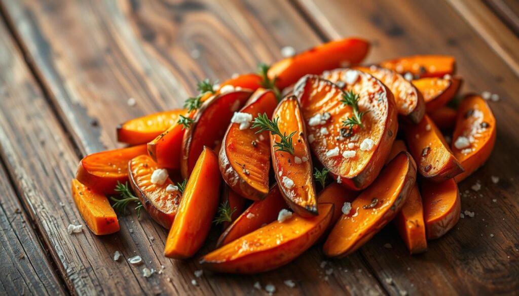 Elegant and inviting presentation of roasted sweet potatoes, artfully arranged on a rustic wooden table. Soft, warm lighting casts a cozy glow, highlighting the vibrant orange hues and caramelized edges of the sweet potato wedges. Garnished with sprigs of fresh thyme, a sprinkle of sea salt, and a drizzle of honey, creating a visually appealing and appetizing display. The composition is balanced, with the sweet potatoes taking center stage, surrounded by a minimal, natural setting that accentuates their simple yet sophisticated charm. An image that would perfectly complement a feature on celebratory sweet potato recipes.