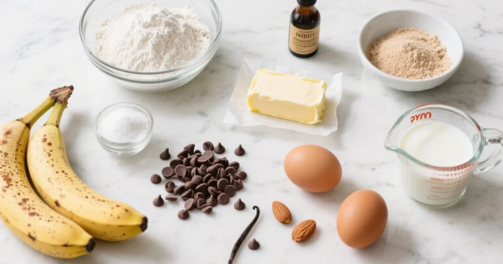 Ingrédients sur une table pour muffins banane chocolat