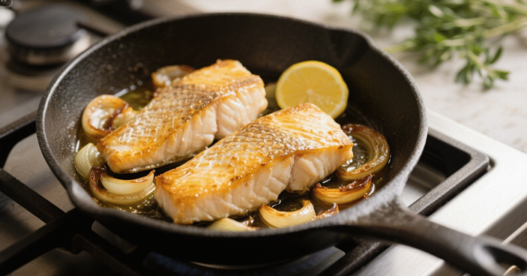 Merlu côté peau dans une poêle avec échalotes et jus de citron