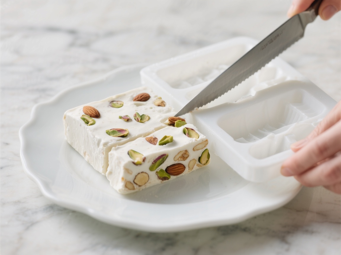 Nougat glacé maison servi en tranches avec fruits confits et amandes