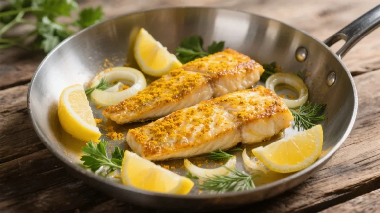 Merlu au Citron et Échalote 7 Assiette de filets de merlu au citron et garnis d’échalotes fondantes