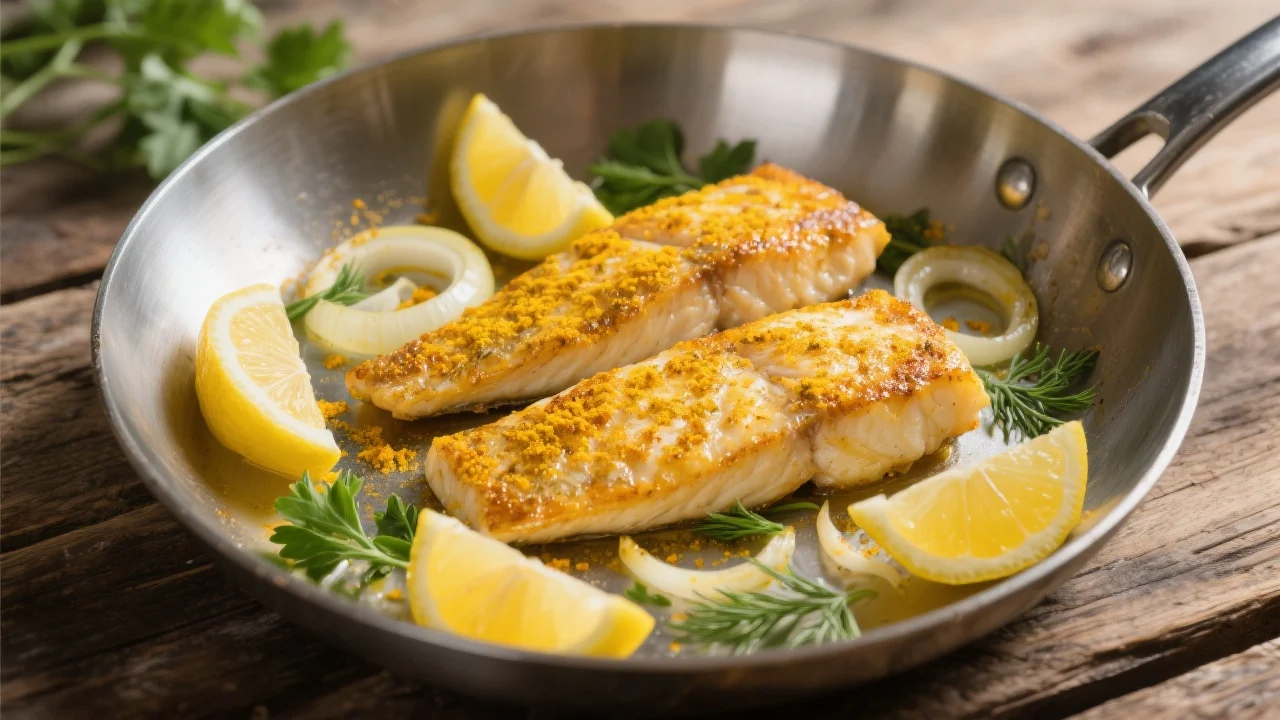 Assiette de filets de merlu au citron et garnis d’échalotes fondantes
