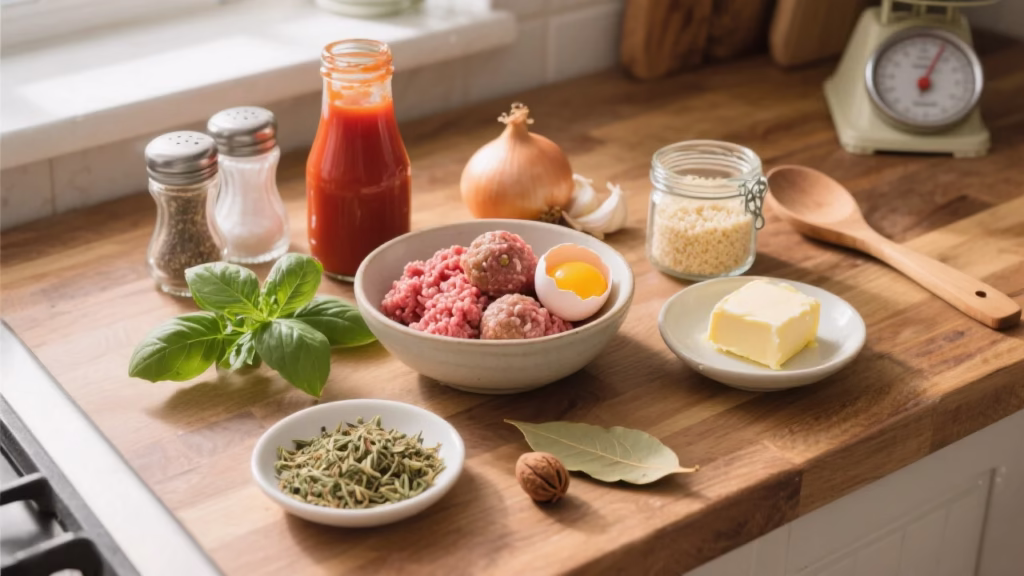 Assiette de boulettes de viande à la sauce tomate accompagnées de tagliatelles fraîches et d’herbes aromatiques