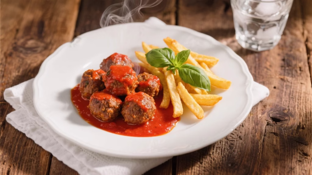 Assiette de boulettes de viande à la sauce tomate accompagnées de tagliatelles fraîches et d’herbes aromatiques