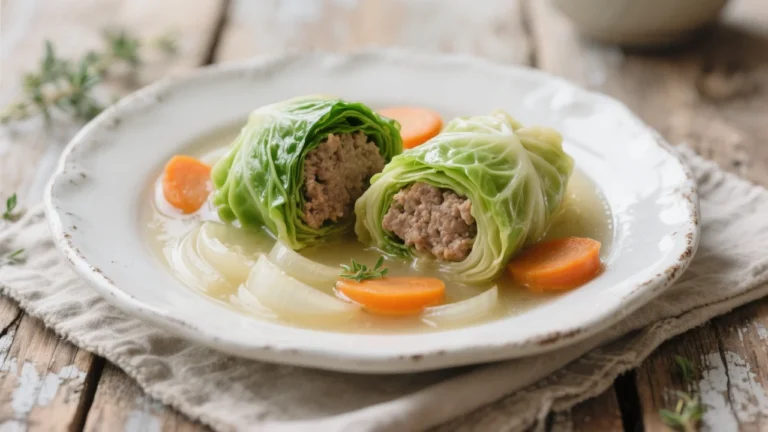 Choux farcis maison cuits à la cocotte, farcis de viande et servis avec carottes et oignons