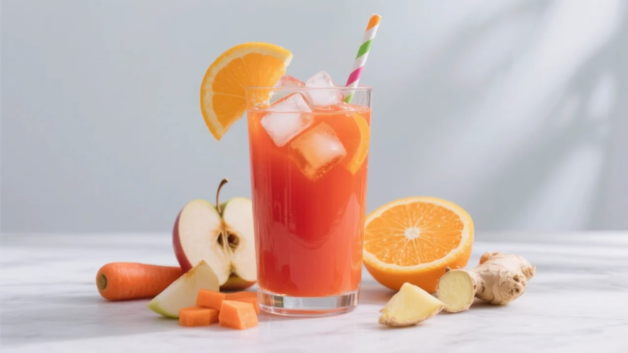 Jus détox frais de pommes, carottes, oranges et gingembre dans un verre avec glaçons