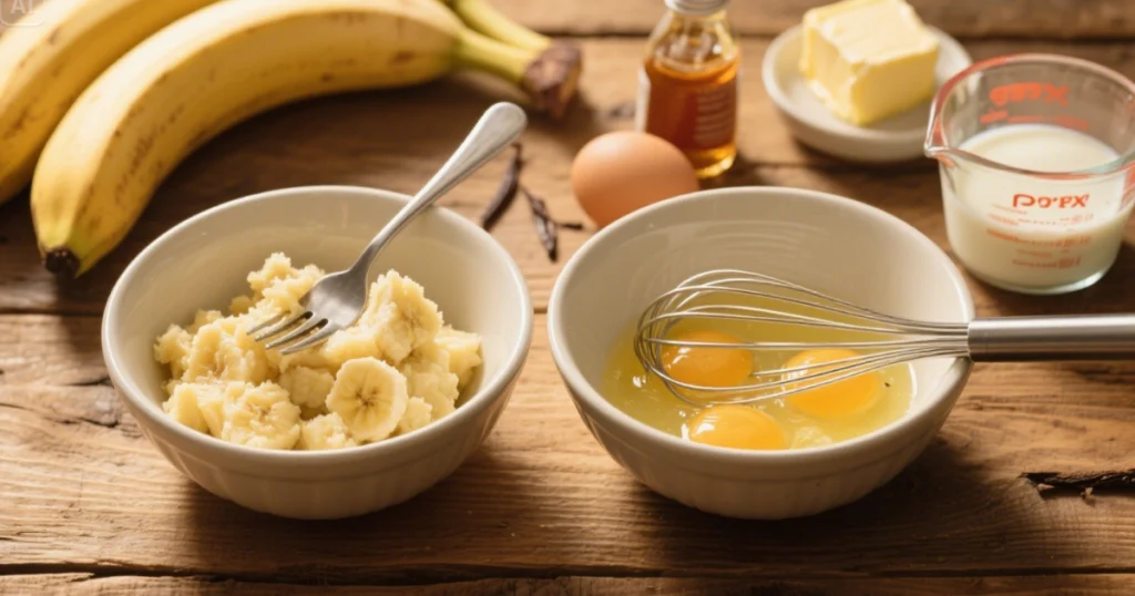 Bananes écrasées fourchette œufs battus ingrédients humides muffins banane chocolat