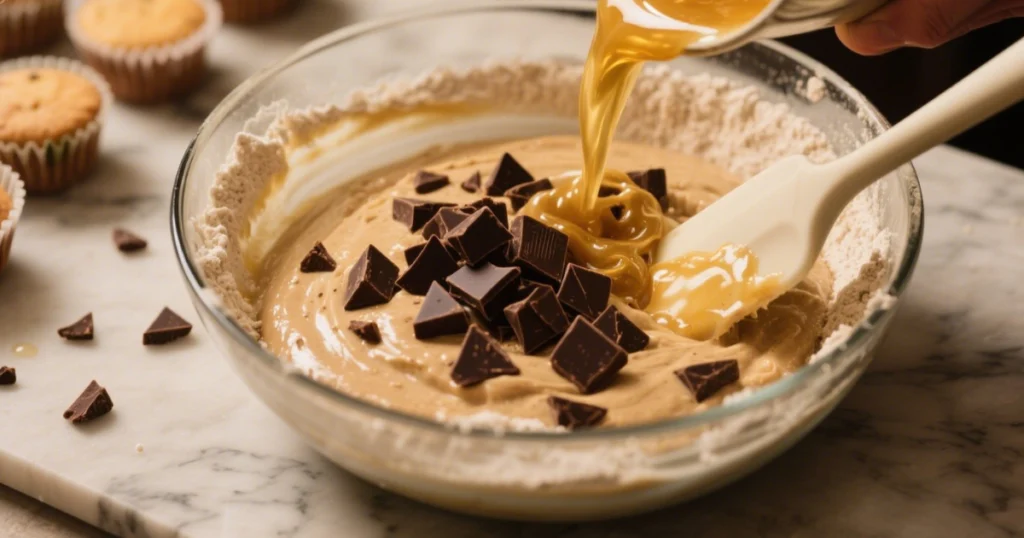 Mélange pâte muffins banane chocolat spatule incorporation pépites chocolat noir