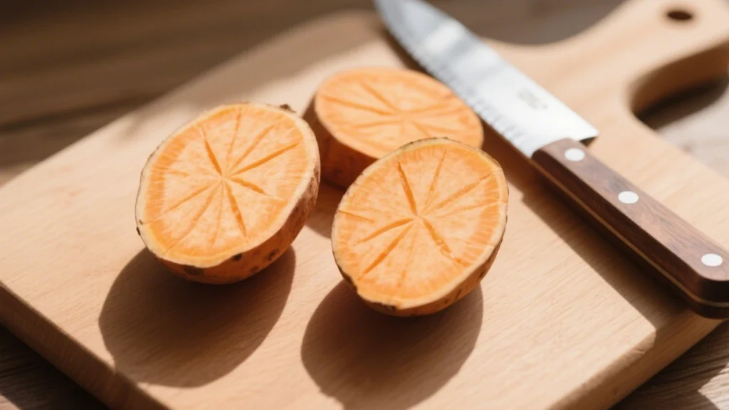 Patates douces coupées en deux et quadrillées au couteau, prêtes à être rôties