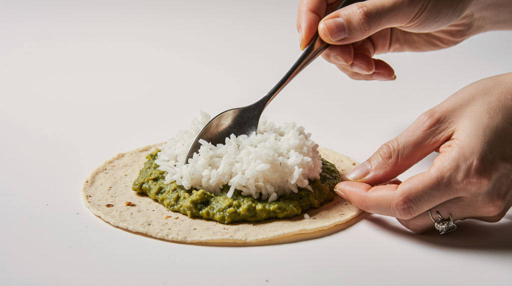 Burrito au poulet maison, garni de morceaux de poulet grillé, riz, haricots noirs, poivrons, fromage fondu et sauce crémeuse, enveloppé dans une tortilla moelleuse et dorée, servi avec des accompagnements mexicains.