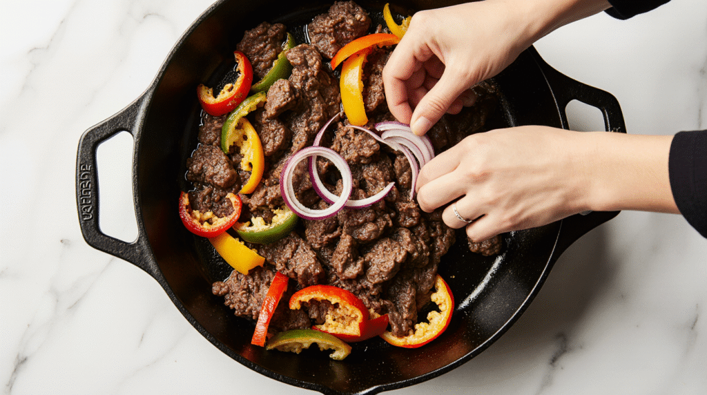 Fajitas de bœuf servies sur une planche en bois, garnies de lanières de viande grillée, poivrons colorés, oignons caramélisés et coriandre fraîche, avec tortillas chaudes à côté.