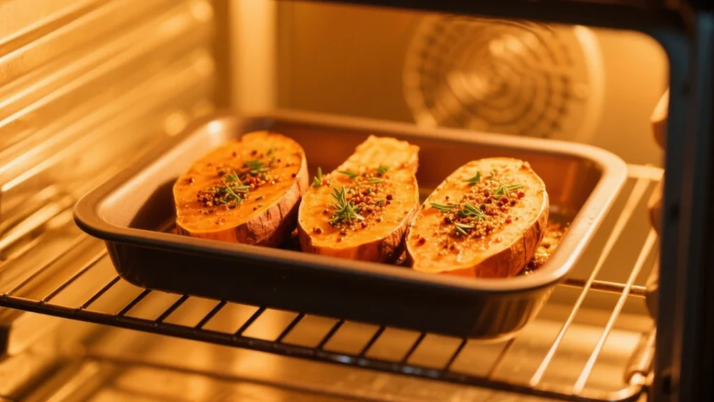 Patates douces quadrillées dans un plat, prêtes à cuire au four avec un assaisonnement maison