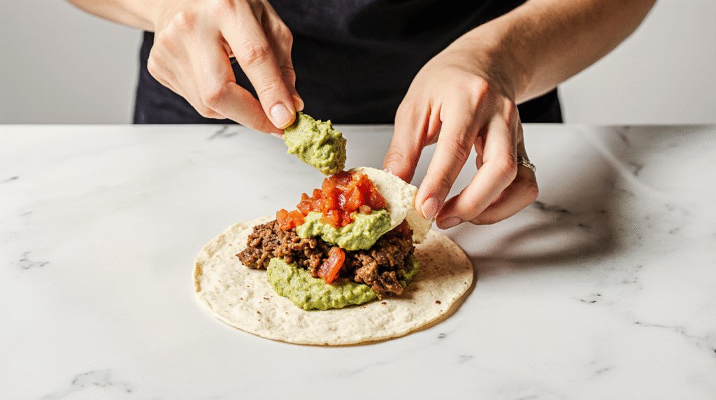Fajitas de bœuf servies sur une planche en bois, garnies de lanières de viande grillée, poivrons colorés, oignons caramélisés et coriandre fraîche, avec tortillas chaudes à côté.