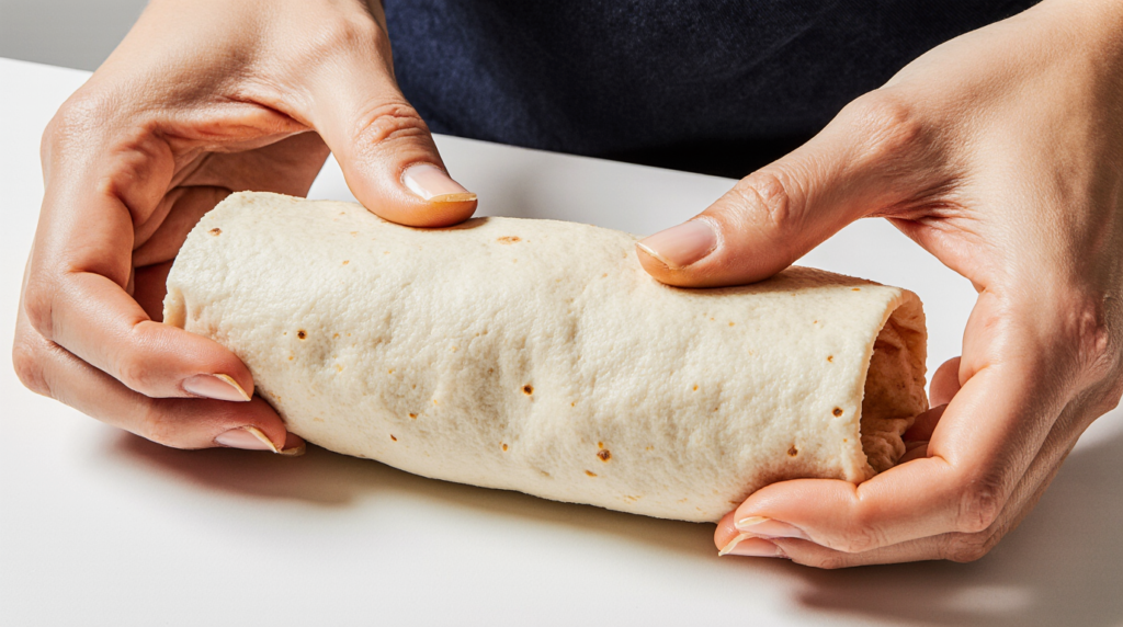 Burrito au poulet maison, garni de morceaux de poulet grillé, riz, haricots noirs, poivrons, fromage fondu et sauce crémeuse, enveloppé dans une tortilla moelleuse et dorée, servi avec des accompagnements mexicains.