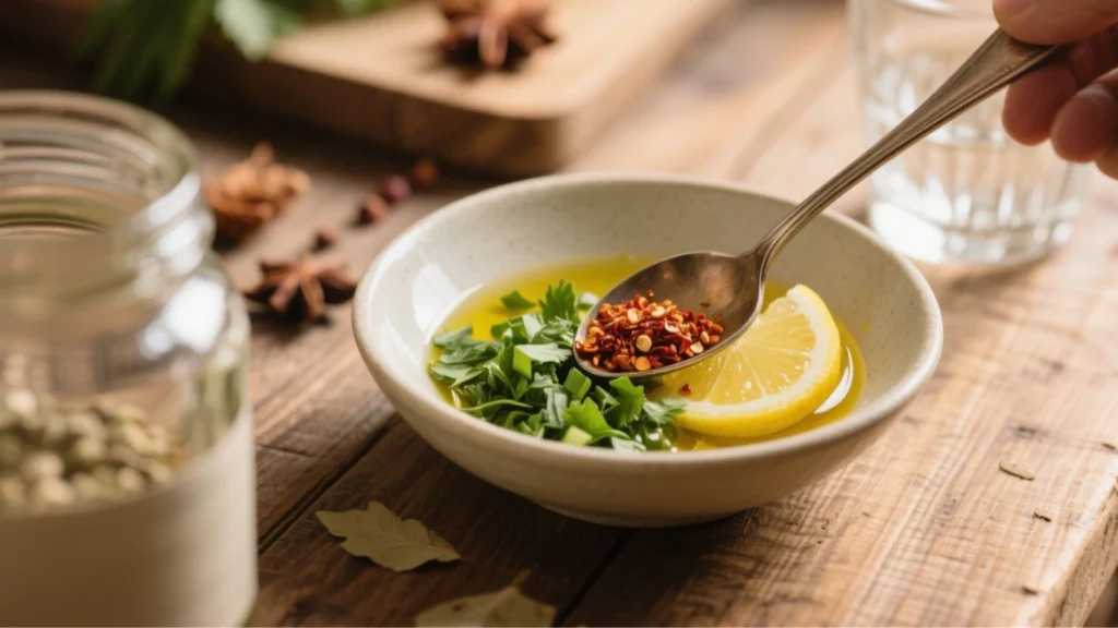  Bol contenant un mélange d’huile d’olive, persil haché, jus de citron et piment de Cayenne