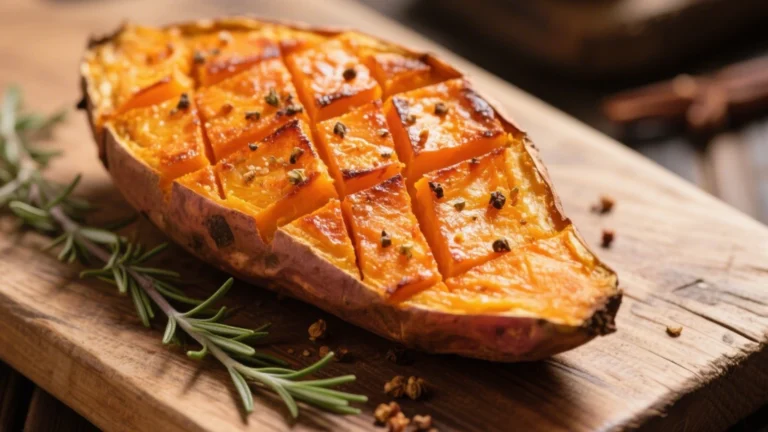 Patates douces rôties au four, coupées en croisillons et assaisonnées de thym