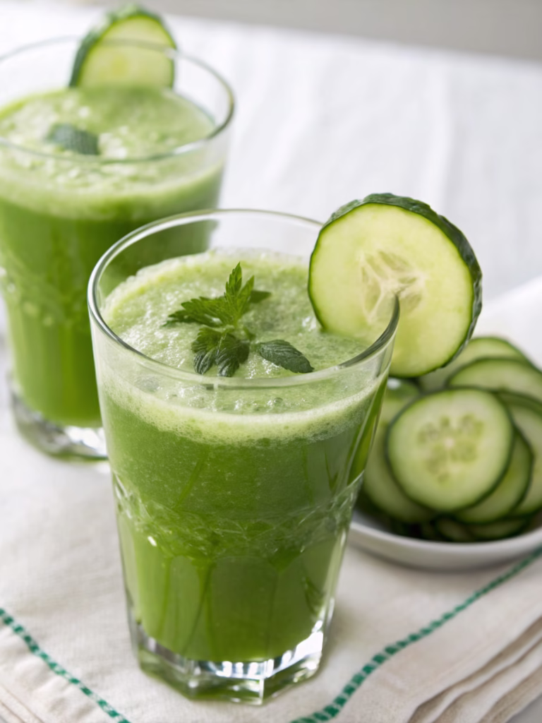Jus vert detox au concombre dans une bouteille en verre, entouré de fruits frais