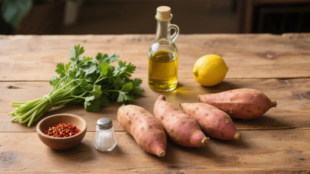  Ingrédients crus pour la recette : patates douces, persil, huile d’olive, citron, piment de Cayenne, sel et poivre disposés sur une table en bois
