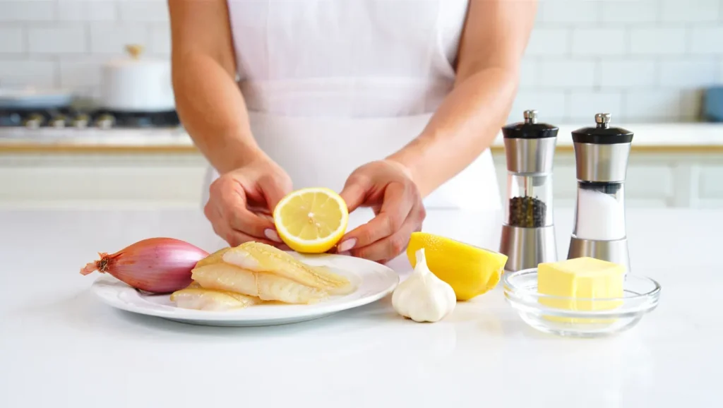 Congre poêlé doré à souhait, servi dans une assiette blanche avec une garniture de citron frais et herbes aromatiques (persil ou ciboulette). Accompagné d’une purée de légumes ou de riz basmati. Arrière-plan minimaliste avec lumière naturelle douce pour un effet appétissant et élégant.