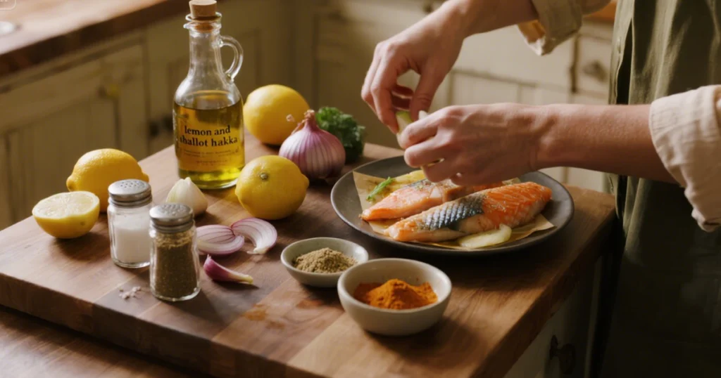 Ingrédients frais pour une recette de Merlu : filets de poisson, citron, échalotes, curcuma, vinaigre, sel et poivre