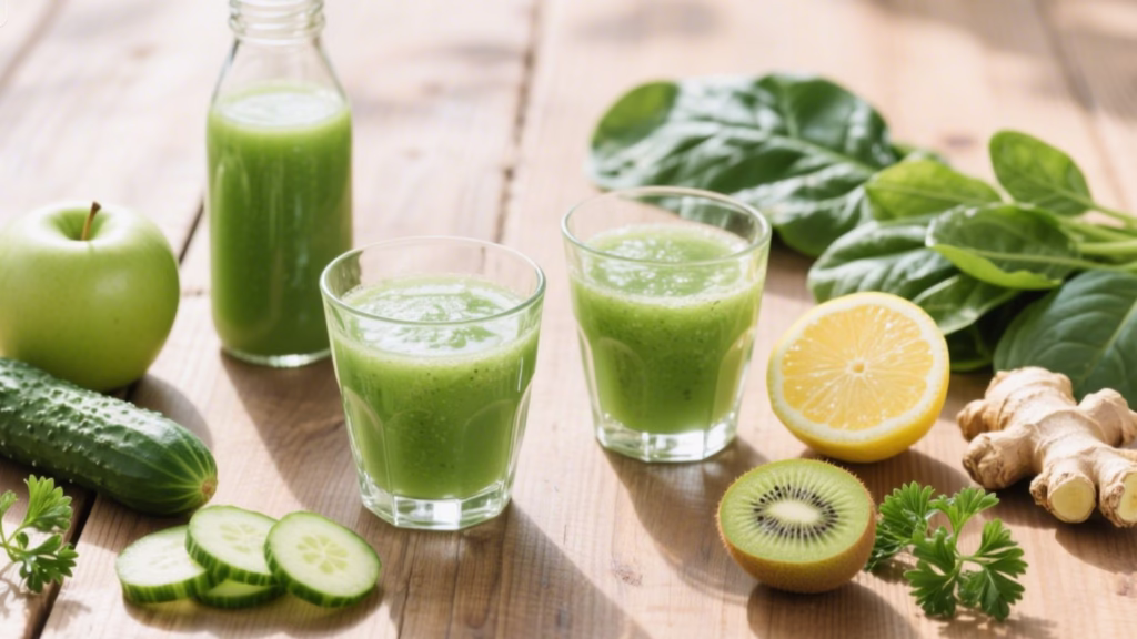 Verres de jus vert détox au concombre entourés d’ingrédients frais