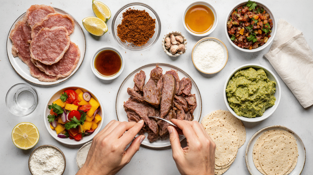 Fajitas de bœuf servies sur une planche en bois, garnies de lanières de viande grillée, poivrons colorés, oignons caramélisés et coriandre fraîche, avec tortillas chaudes à côté.