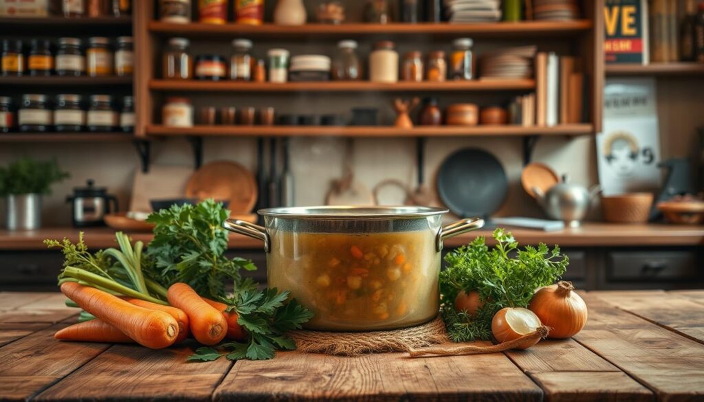 Soupe de légumes maison réconfortante, servie chaude avec des légumes frais coupés en morceaux dans un bol rustique.