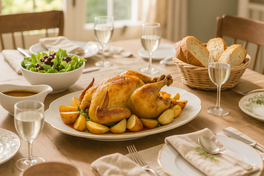 Poulet rôti doré et croustillant, entouré de pommes de terre rôties et d’herbes fraîches, servi dans un plat blanc sur une table élégante.