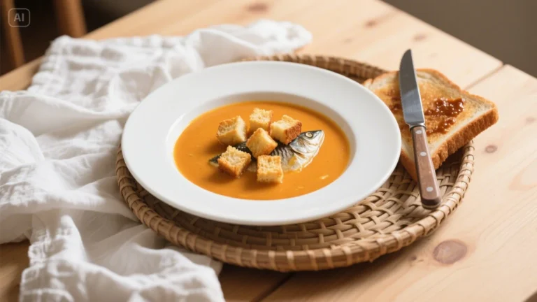 Bol de soupe de poisson onctueuse accompagné de croûtons dorés, de rouille et de baguette rustique