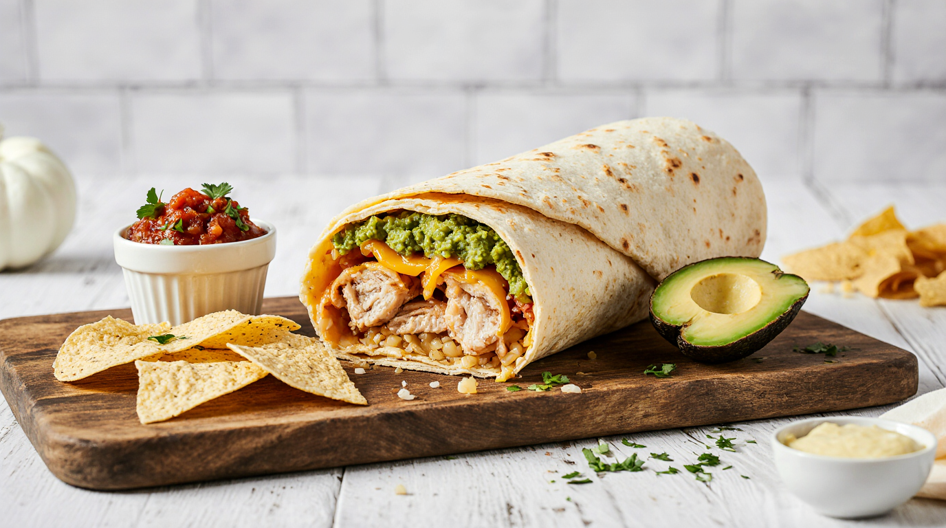 Burrito au poulet maison, garni de morceaux de poulet grillé, riz, haricots noirs, poivrons, fromage fondu et sauce crémeuse, enveloppé dans une tortilla moelleuse et dorée, servi avec des accompagnements mexicains.