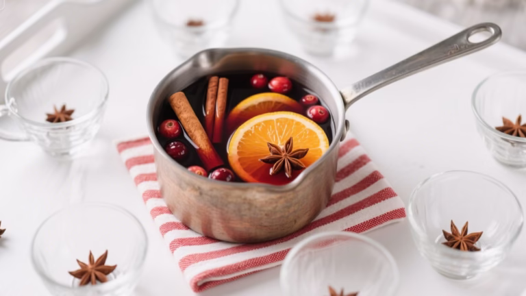 Infusion chaude d'hiver dans une casserole, avec tranches de citron, bâtons de cannelle et anis étoilé flottant à la surface.