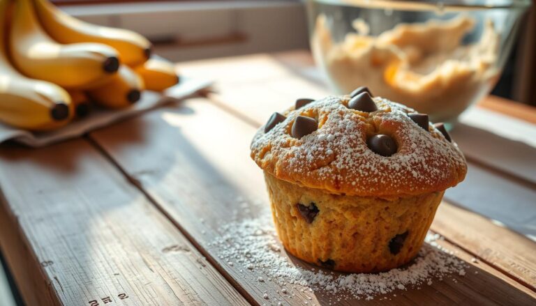 Muffins banane et chocolat moelleux et dorés sur une planche en bois