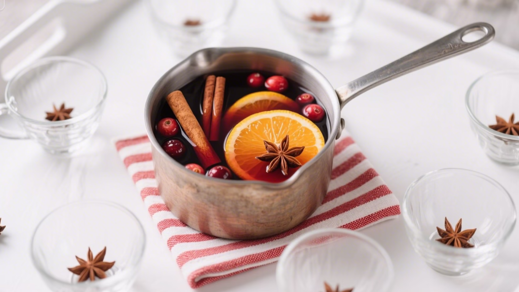 Infusion chaude d'hiver dans une casserole, avec tranches de citron, bâtons de cannelle et anis étoilé flottant à la surface.