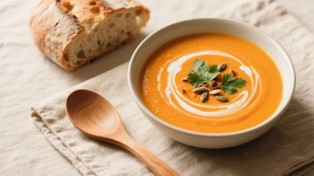 Bol de soupe de carottes au curry onctueuse et colorée, garni de coriandre fraîche et d’un filet de lait de coco, servi sur une table en bois avec une cuillère rustique.