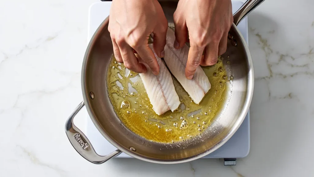 Congre poêlé doré à souhait, servi dans une assiette blanche avec une garniture de citron frais et herbes aromatiques (persil ou ciboulette). Accompagné d’une purée de légumes ou de riz basmati. Arrière-plan minimaliste avec lumière naturelle douce pour un effet appétissant et élégant.