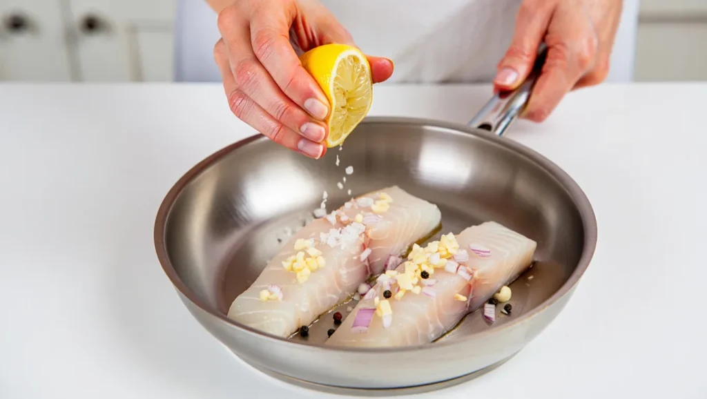 Congre poêlé doré à souhait, servi dans une assiette blanche avec une garniture de citron frais et herbes aromatiques (persil ou ciboulette). Accompagné d’une purée de légumes ou de riz basmati. Arrière-plan minimaliste avec lumière naturelle douce pour un effet appétissant et élégant.