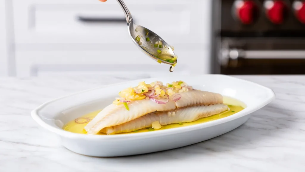 Congre poêlé doré à souhait, servi dans une assiette blanche avec une garniture de citron frais et herbes aromatiques (persil ou ciboulette). Accompagné d’une purée de légumes ou de riz basmati. Arrière-plan minimaliste avec lumière naturelle douce pour un effet appétissant et élégant.